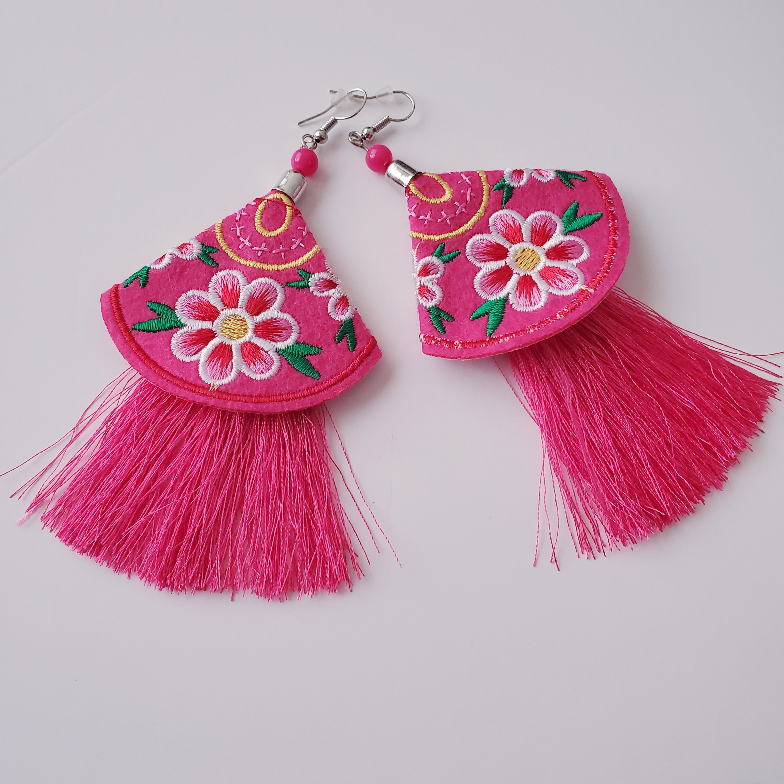 Pink Floral Embroidered Tassel Fringe Earrings By Superstar Accessories